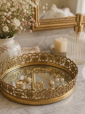 Gold Ornate Decorative Vanity Tray - Elegant Mirror Jewelry Organizer